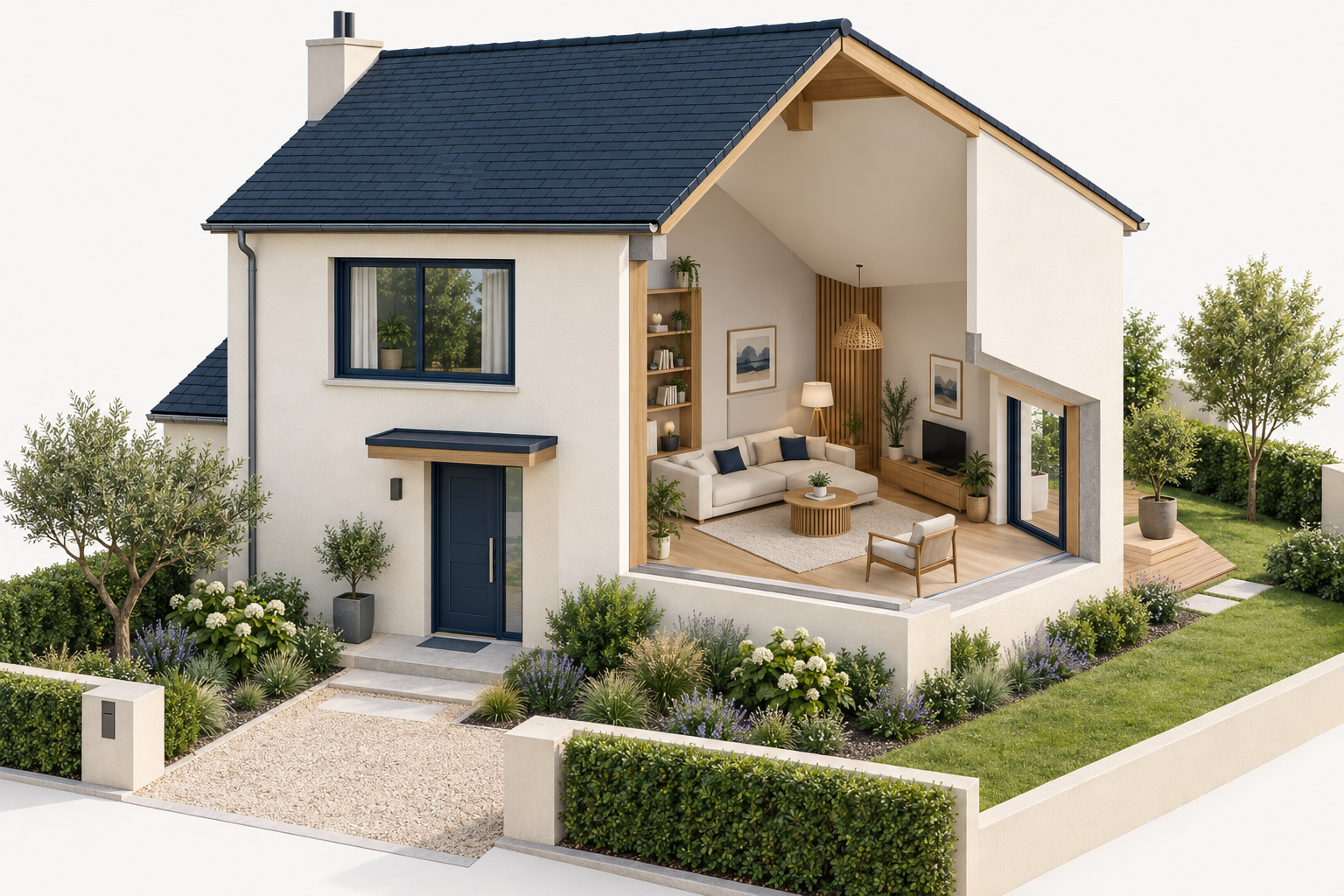 Maison en coupe, vue de trois quarts en plein jour : entrée à gauche, fenêtre à l’étage, salon ouvert et façade à droite